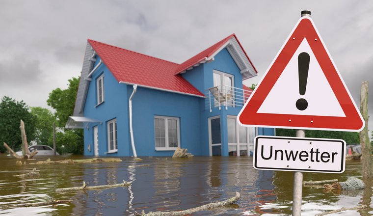 3d Illustation - Schild - Unwetter - Hochwasser - Überschwemmung - Haus