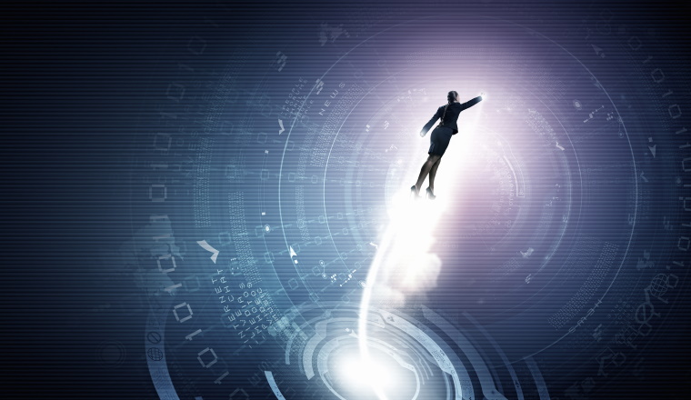 Businesswoman hero in suit flying up into sky