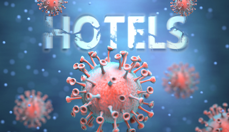 Covid and hotels, pictured as red viruses attacking word hotels to symbolize turmoil, global world problems and the relation between corona virus and hotels, 3d illustration.