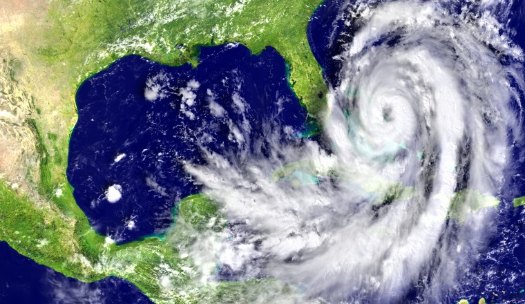Disastrous hurricane Matthew on Florida coastline. 3D illustration. Elements of this image furnished by NASA