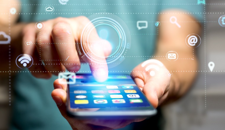 View of a Businessman using a smartphone with a Contact icon surrounding by app and social icon - 3d render