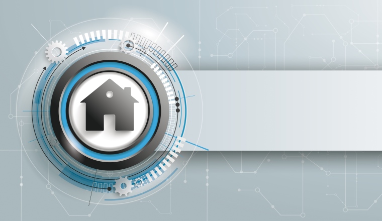 Button with house and banner on the gray background. Eps 10 vector file.