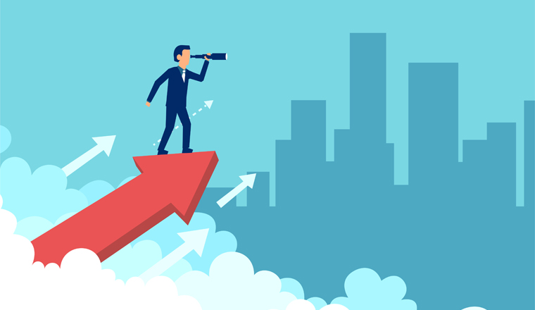 Concept graphic design of businessman on growing arrow looking in future with spyglass against cityscape 