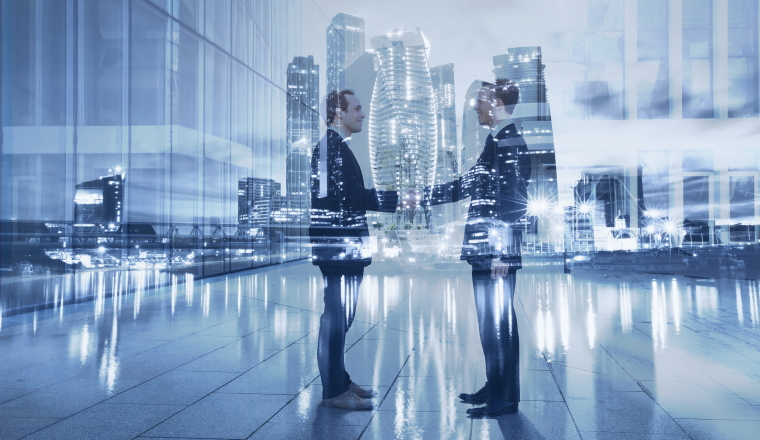 handshake, partnership and collaboration concept, double exposure