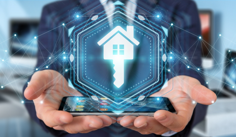 Businessman on blurred background using real estate digital interface 3D rendering