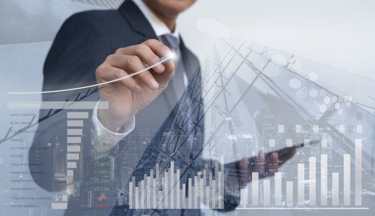 Stock market analyzing, business profits presentation, double exposure businessman analyzing corporate financial graph, sector performance, financial background and cityscape, economic growth report concept