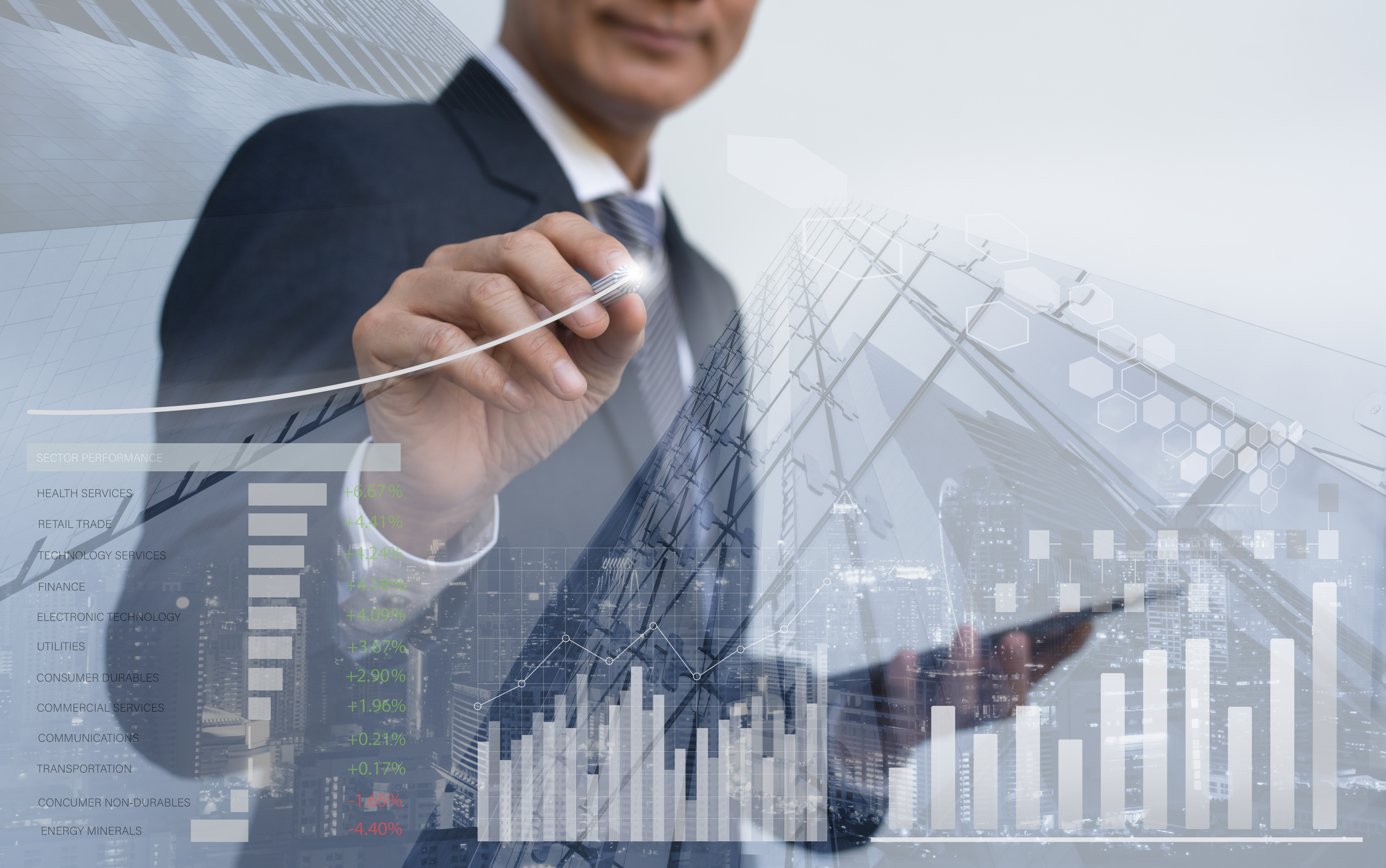 Stock market analyzing, business profits presentation, double exposure businessman analyzing corporate financial graph, sector performance, financial background and cityscape, economic growth report concept