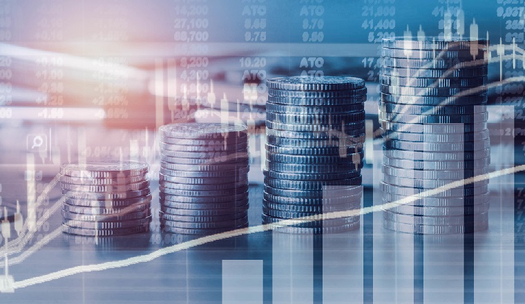 Double exposure financial indices and stock market in accounting market economy analysis with graph business concept background