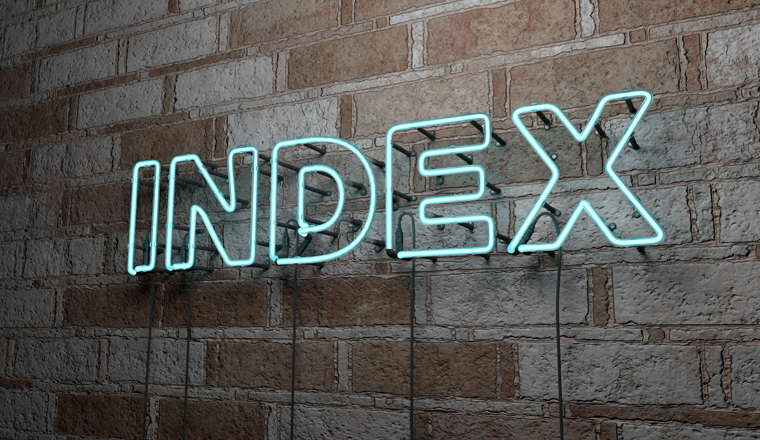 INDEX - Glowing Neon Sign on stonework wall - 3D rendered royalty free stock illustration.  Can be used for online banner ads and direct mailers.