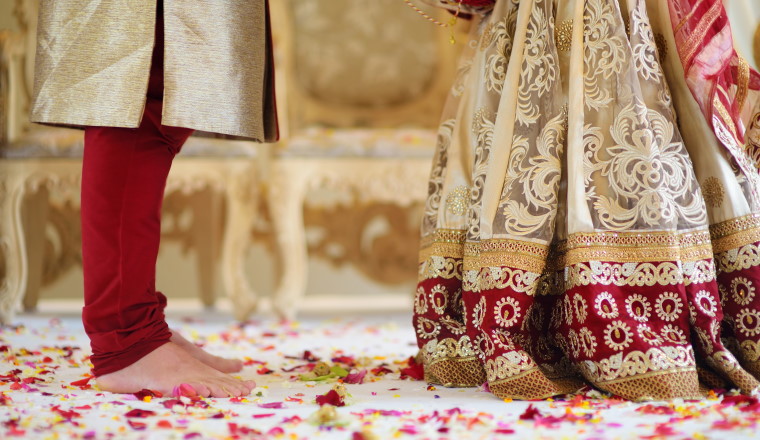 Amazing hindu wedding ceremony. Details of traditional indian wedding. Beautifully decorated hindu wedding accessories. Indian marriage traditions.