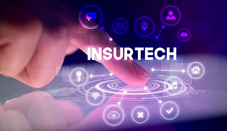 Finger touching tablet with web technology icons and INSURTECH inscription, web technology concept