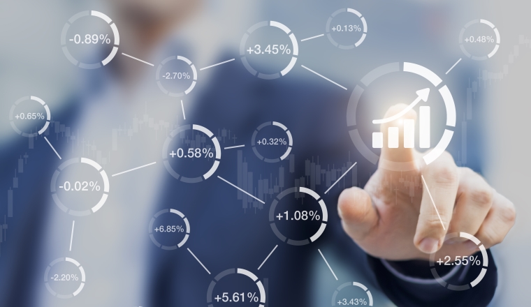 Abstract financial concept, successful stock market with growth, investor touching chart on digital interface