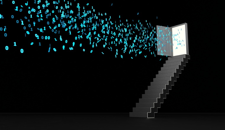 Staircase with opened door and blue bits and bytes. 3d illustration.
