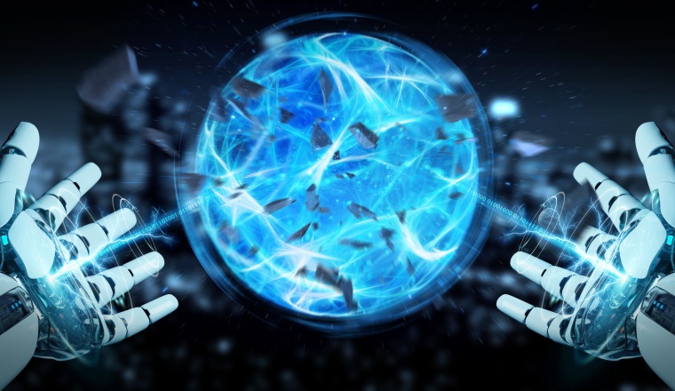 White robot hand on blurred background creating energy ball 3D rendering