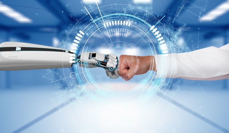 A robot hand and a human hand touch each other via the HUD display. 3d illustration. 