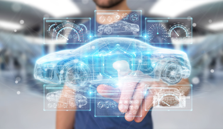 Businessman on blurred background modern smart car interface 3D rendering