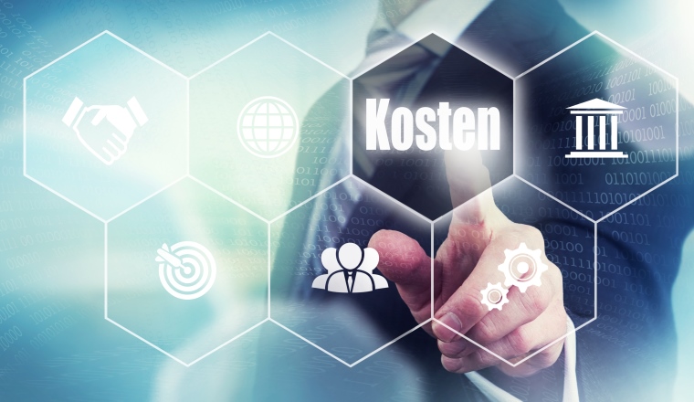 A businessman pressing a Costs "Kosten" button in German on a futuristic computer  display