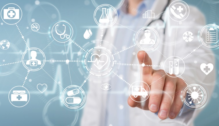 Doctor on blurred background using digital medical futuristic interface 3D rendering