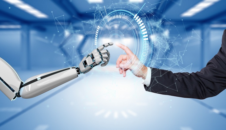 A robot hand and a human hand touch each other via the HUD display. 3d illustration.