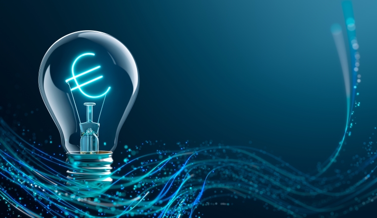 Glowing Euro sign in light bulb - 3D Rendering
