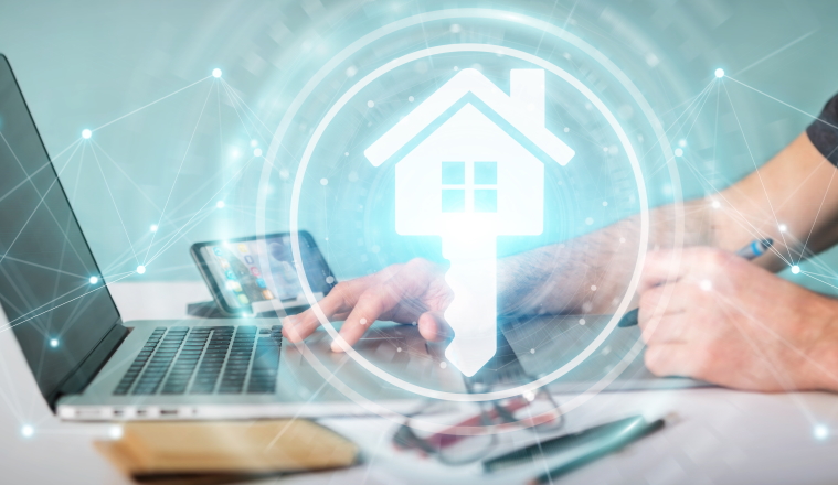 Graphic designer on blurred background using real estate digital interface 3D rendering