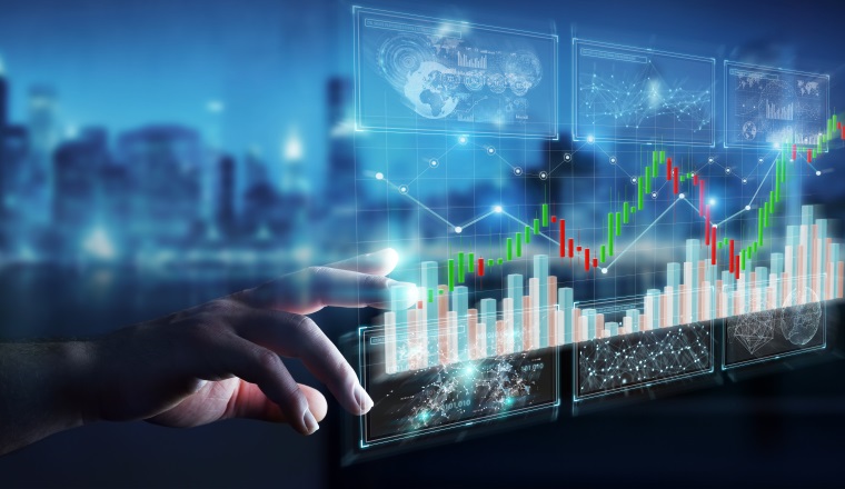Businessman on blurred background using 3D rendering stock exchange datas and charts