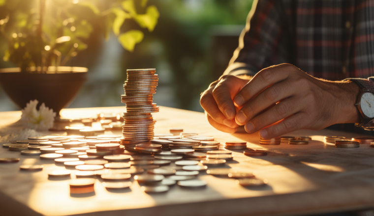 A person is depicted sitting at a table with stacks of coins. This image can be used to illustrate concepts related to finance, savings, investments, or wealth accumulation.