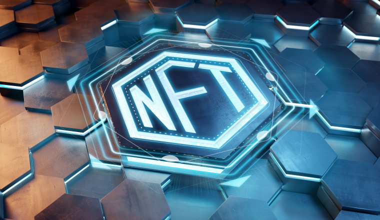 NFT nonfungible tokens concept on blue and orange metal hexagonal background. NFT Logo on abstract digital surface. 3d rendering