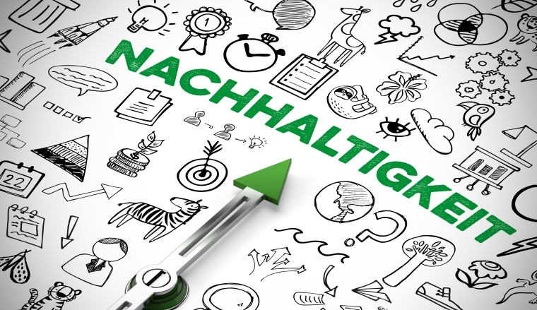 Nachhaltigkeit Konzept mit Icons und Kompass Pfeil der auf Schriftzug zeigt