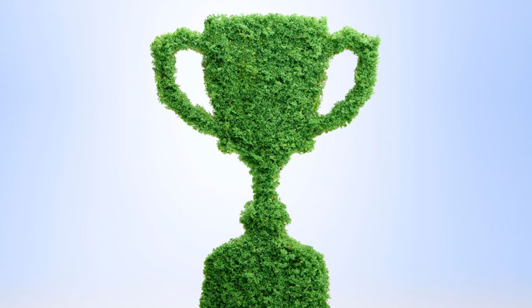 Grass growing in the shape of a trophy cup, symbolising the care and dedication needed for success.