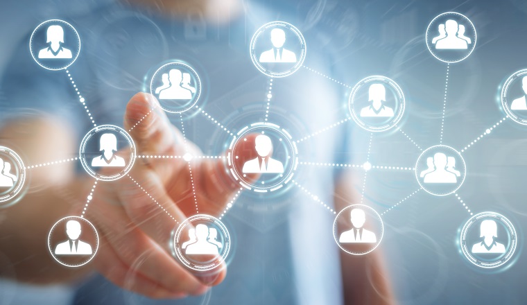 Businessman on blurred background using social network connection 3D rendering