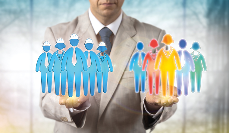 Unrecognizable manager balancing a group of five multi-cultural white collar employees and a blue collar work team. Human resources management metaphor for mediation, multiculturalism in workplace.