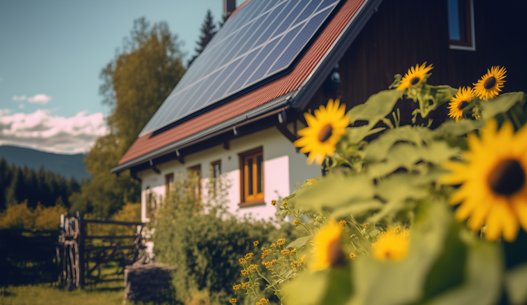 close-up of solar panels on roof of house, ai generated