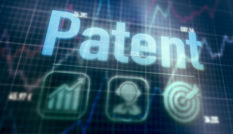 Patent concept on a blue dot matrix computer display.