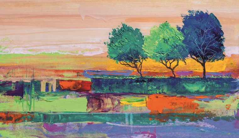Oil painting landscape, colorful  trees.  Hand Painted Impressionist, outdoor landscape.