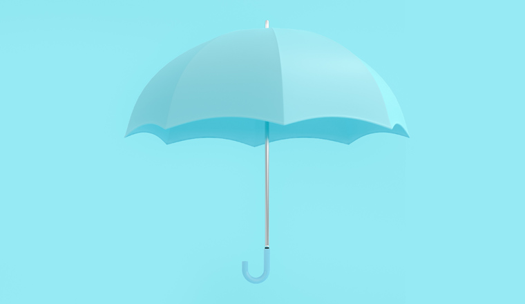 Floating blue umbrella  and copy space for your text. minimal idea concept, 3D Render.