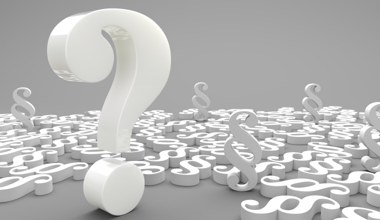 Question mark with paragraphs on the gray background. 3d illustration.
