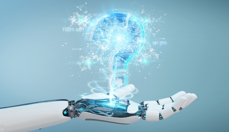Cyborg on blurred background solving problem with digital question marks 3D rendering