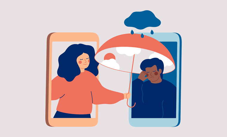 Woman supports black man with psychological problems. Girl comforts her sad friend over the phone. Counselling for people under stress and depression over online services.Online therapy concept.Vector