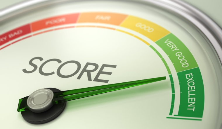 3D illustration of a conceptual gauge with needle pointing to excellent. Business credit score concept.