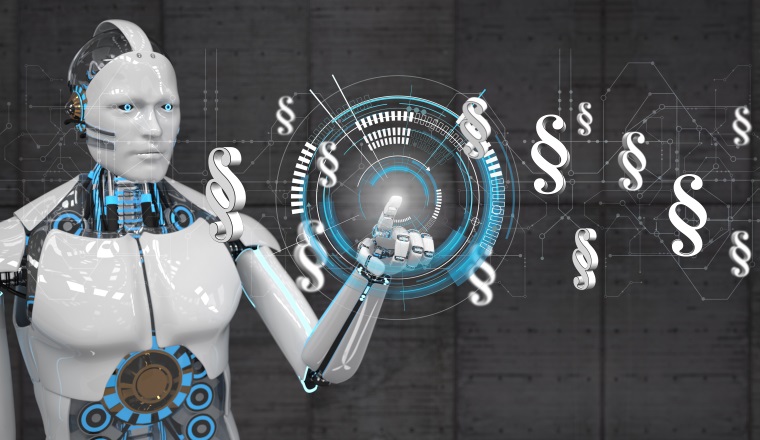 White robot clicking on the display with HUD, paragraphs and circuit diagram. 3d illustration.