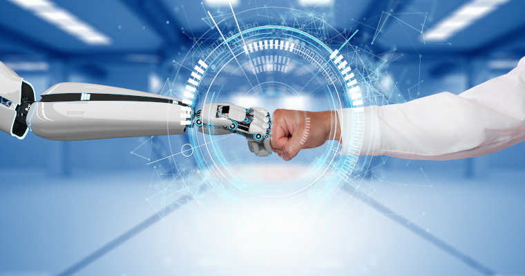 A robot hand and a human hand touch each other via the HUD display. 3d illustration. 