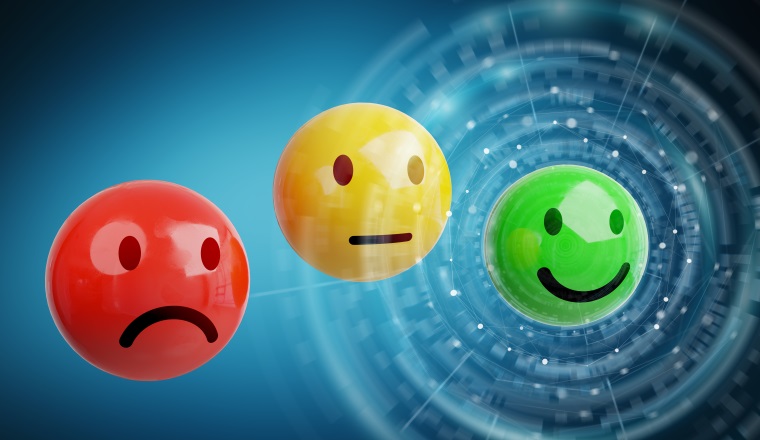 Customer satisfaction rating with smiley on blue background 3D rendering