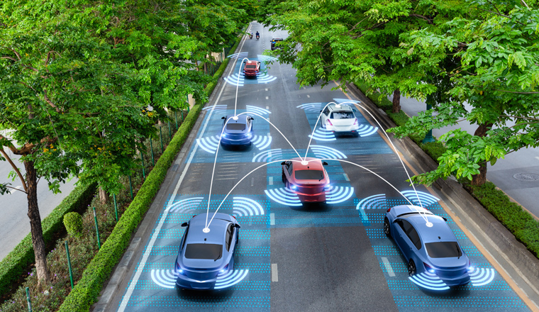 Smart cars with automatic sensor driving on green road with wireless connection