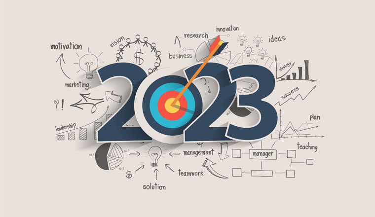 2023 new year target audience concept, Creative thinking drawing charts and graphs business success strategy plan idea on target dart with arrow, Vector illustration modern layout template