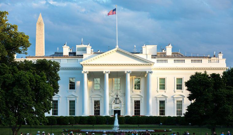 The White House on a beautiful spring afternoon in Washington, DC. This is the home of the United States President.