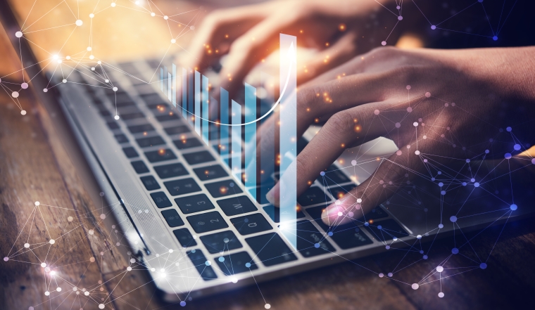 Businesswoman use laptop ,analytics and financial and bank technology concept, chart from computer laptop,Business growth concept
