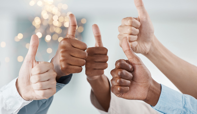 Thumbs up, success hands and teamwork collaboration of office diversity team feeling job community. Thank you, winner and yes hand sign of people and staff together showing happy and goal gesture.