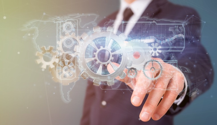 View of a Man holding a technology gear wheel interface3d rendering