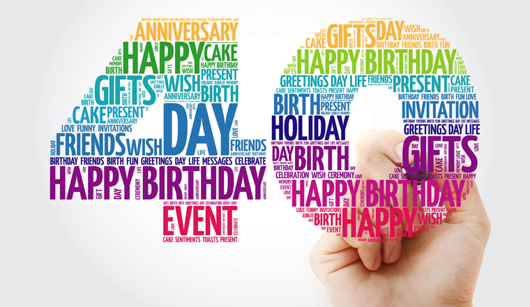 Happy 40th birthday word cloud collage with marker